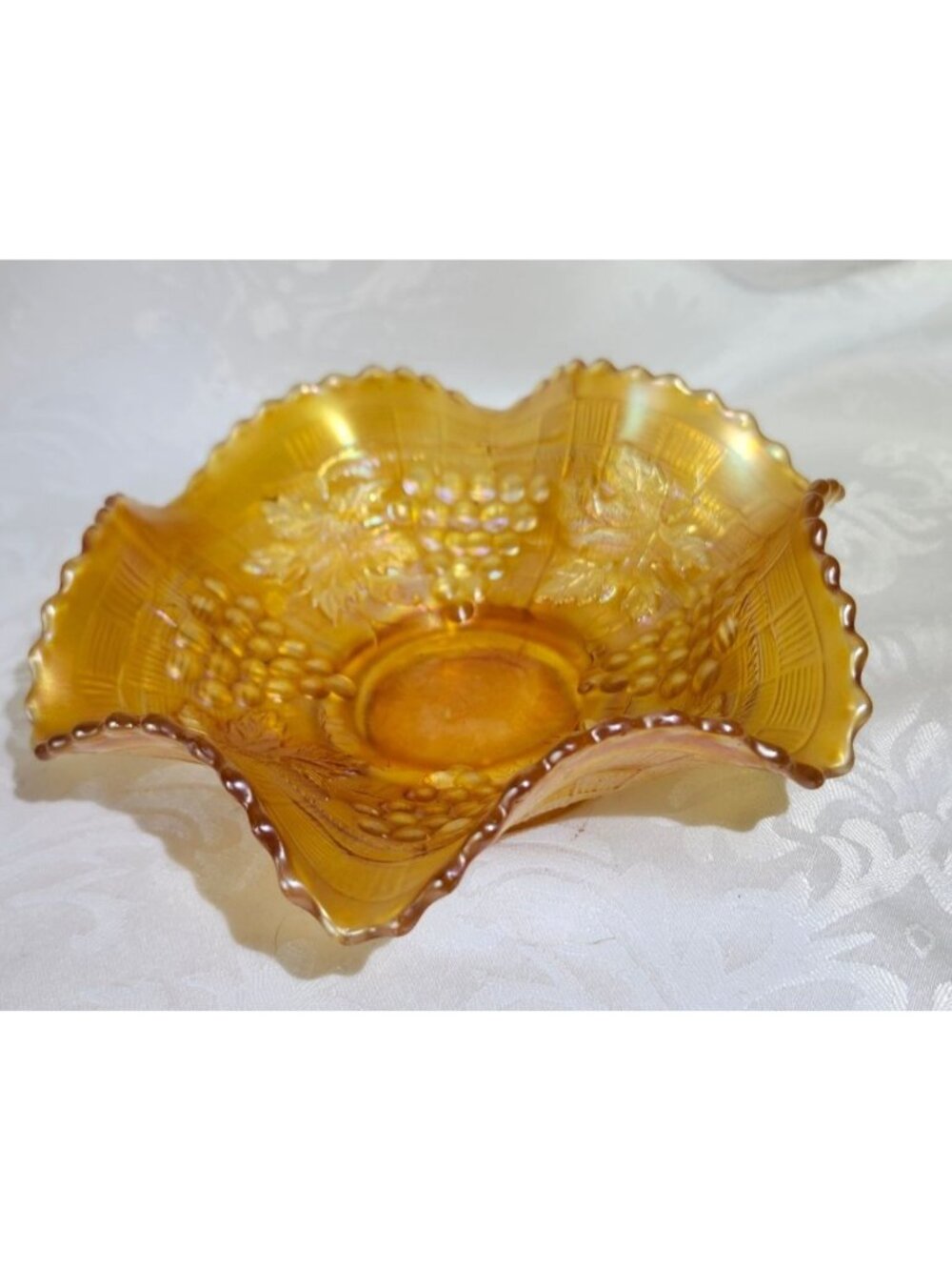 Antique Northwood Marigold Carnival Glass Grape & Cable Ruffled Bowl 6 Inch (190